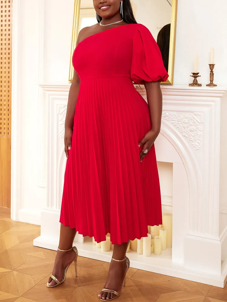 One Shoulder Puff Sleeve Pleated Dress