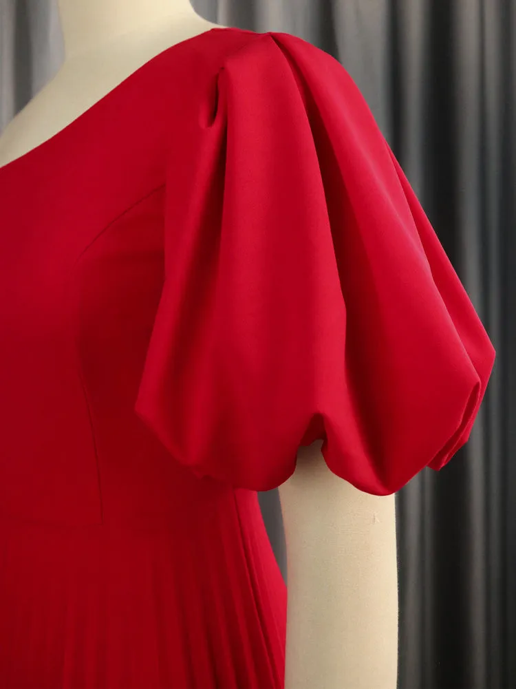 One Shoulder Puff Sleeve Pleated Dress