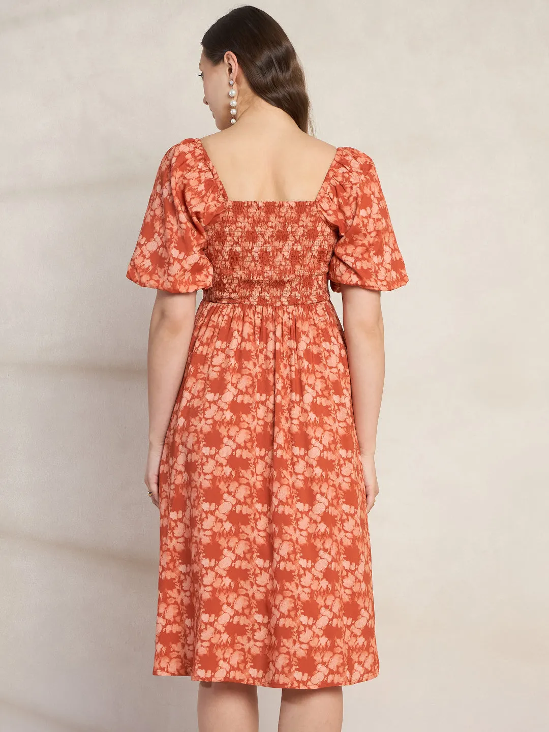 Orange Floral Smocked Midi Dress