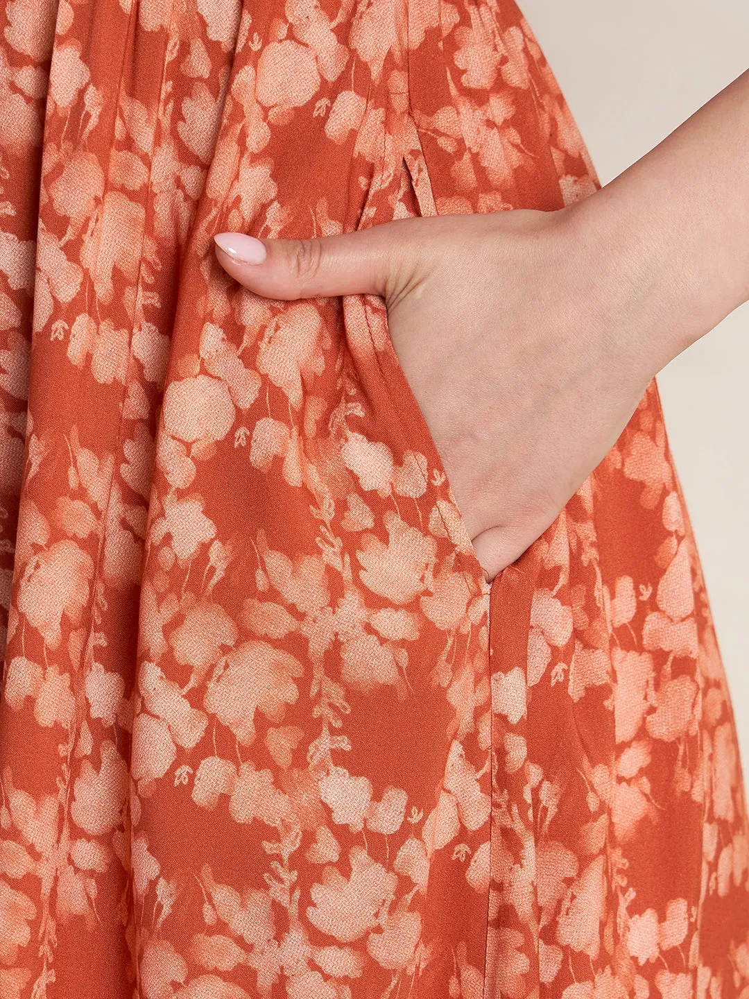 Orange Floral Smocked Midi Dress