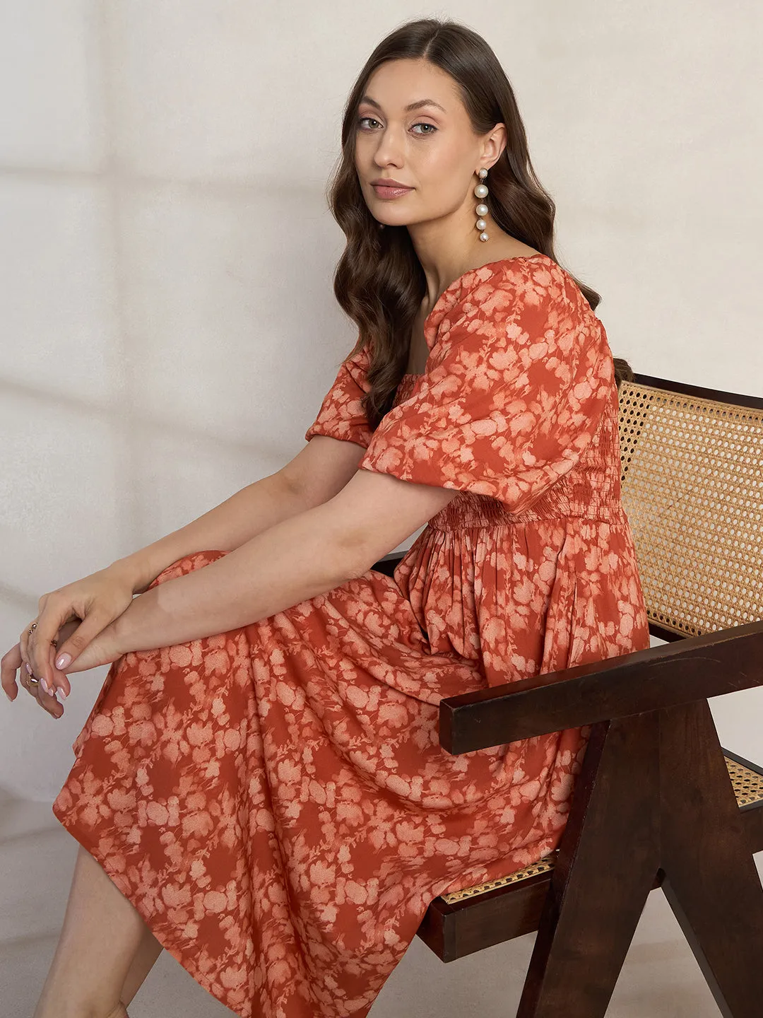 Orange Floral Smocked Midi Dress