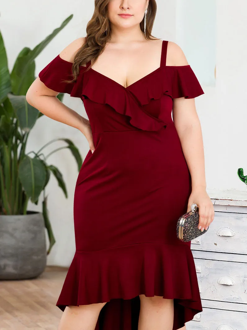 Original Design Ruffle V-neck Strapless High Waist Bag Hip Strap Fishtail Large Size Women's Dress Skirt