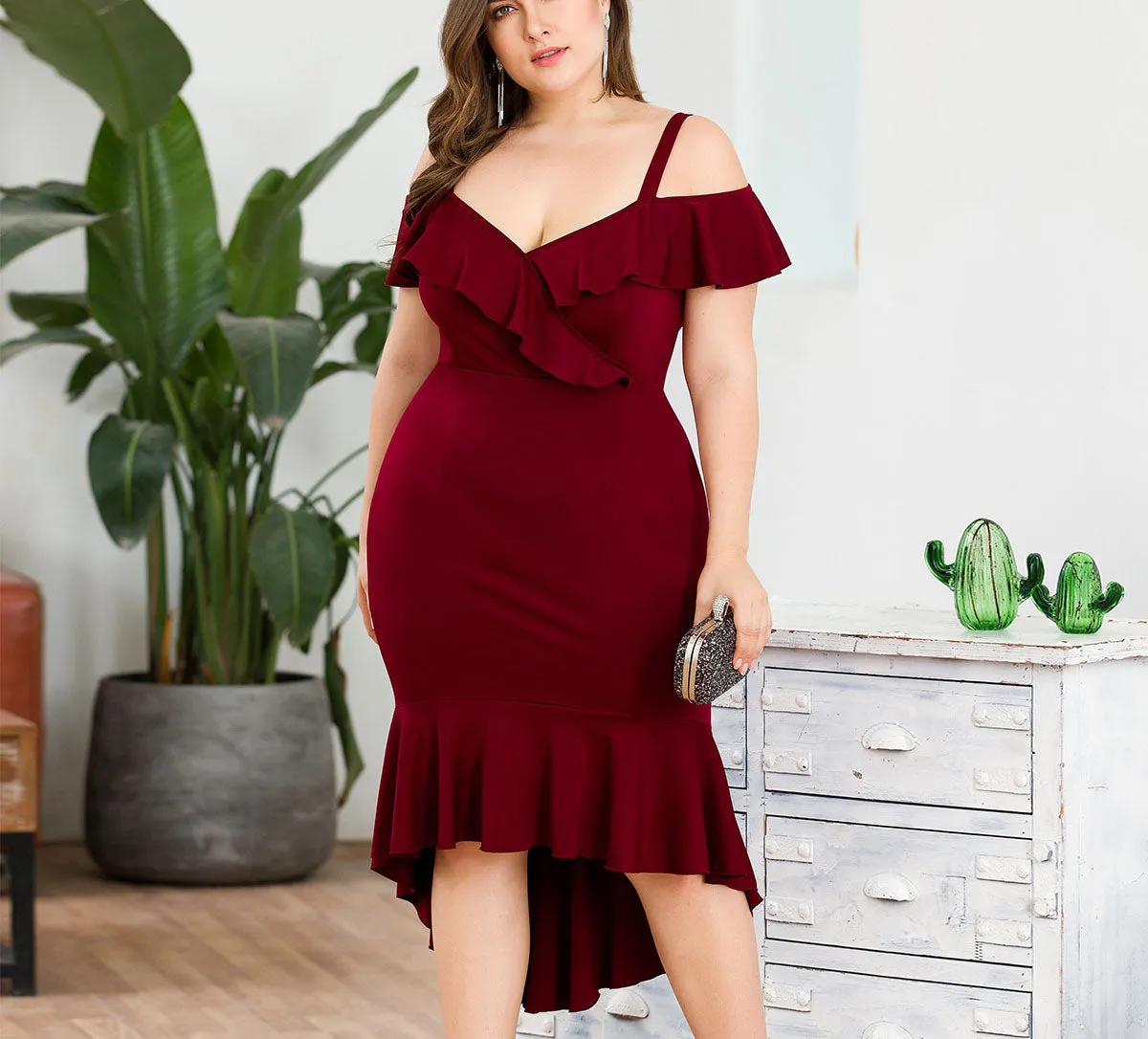 Original Design Ruffle V-neck Strapless High Waist Bag Hip Strap Fishtail Large Size Women's Dress Skirt
