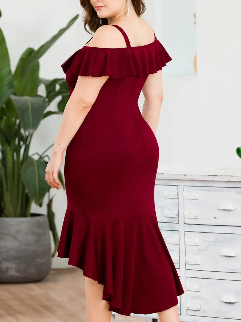 Original Design Ruffle V-neck Strapless High Waist Bag Hip Strap Fishtail Large Size Women's Dress Skirt