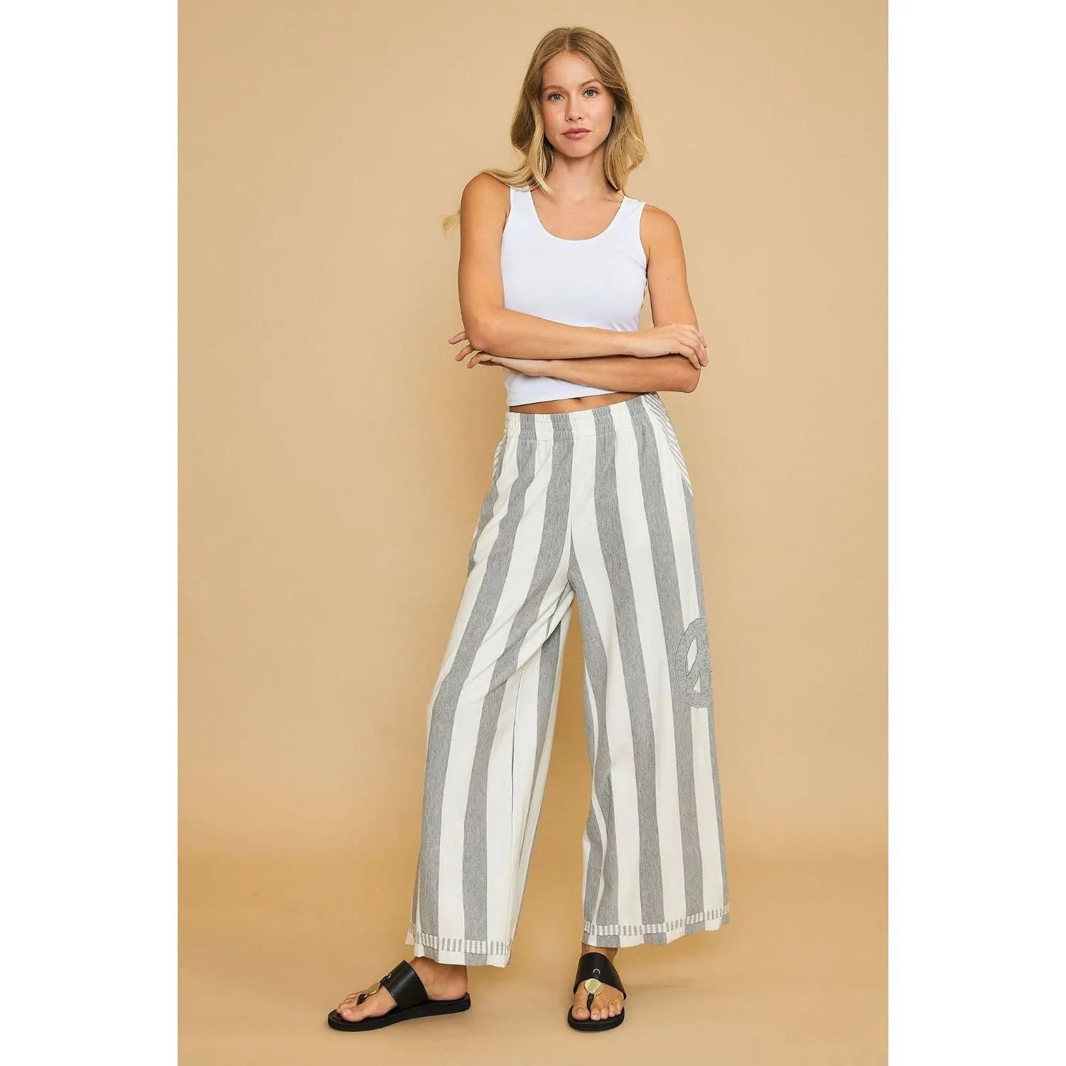 Peace Sign Patch Striped Wide Leg Pants