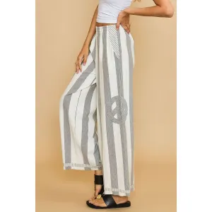 Peace Sign Patch Striped Wide Leg Pants