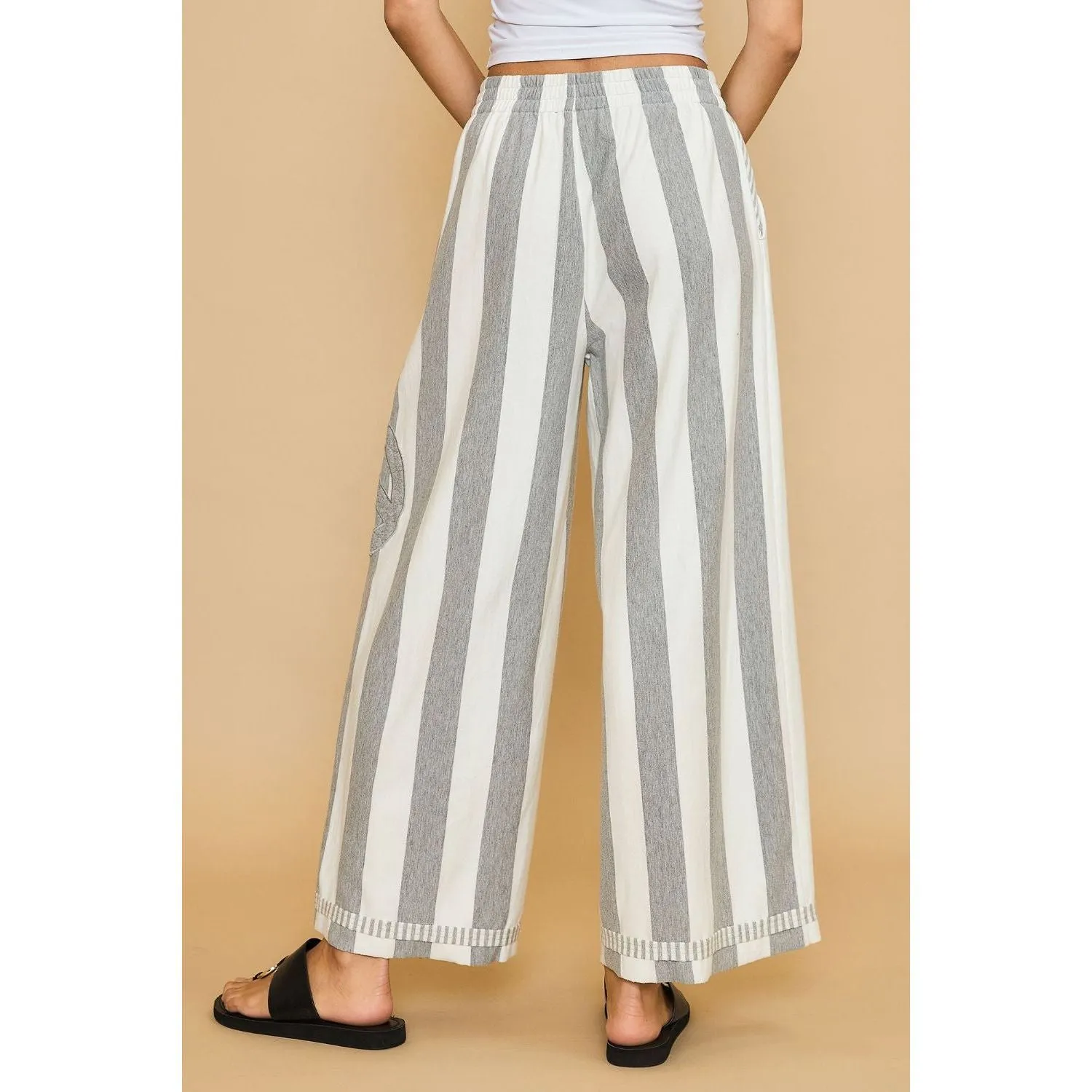 Peace Sign Patch Striped Wide Leg Pants