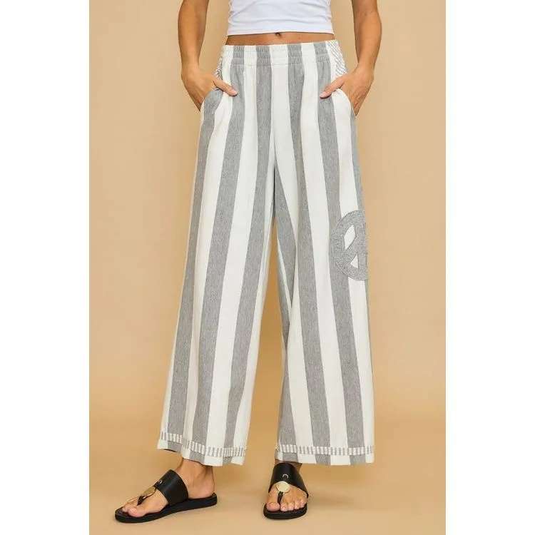 Peace Sign Patch Striped Wide Leg Pants