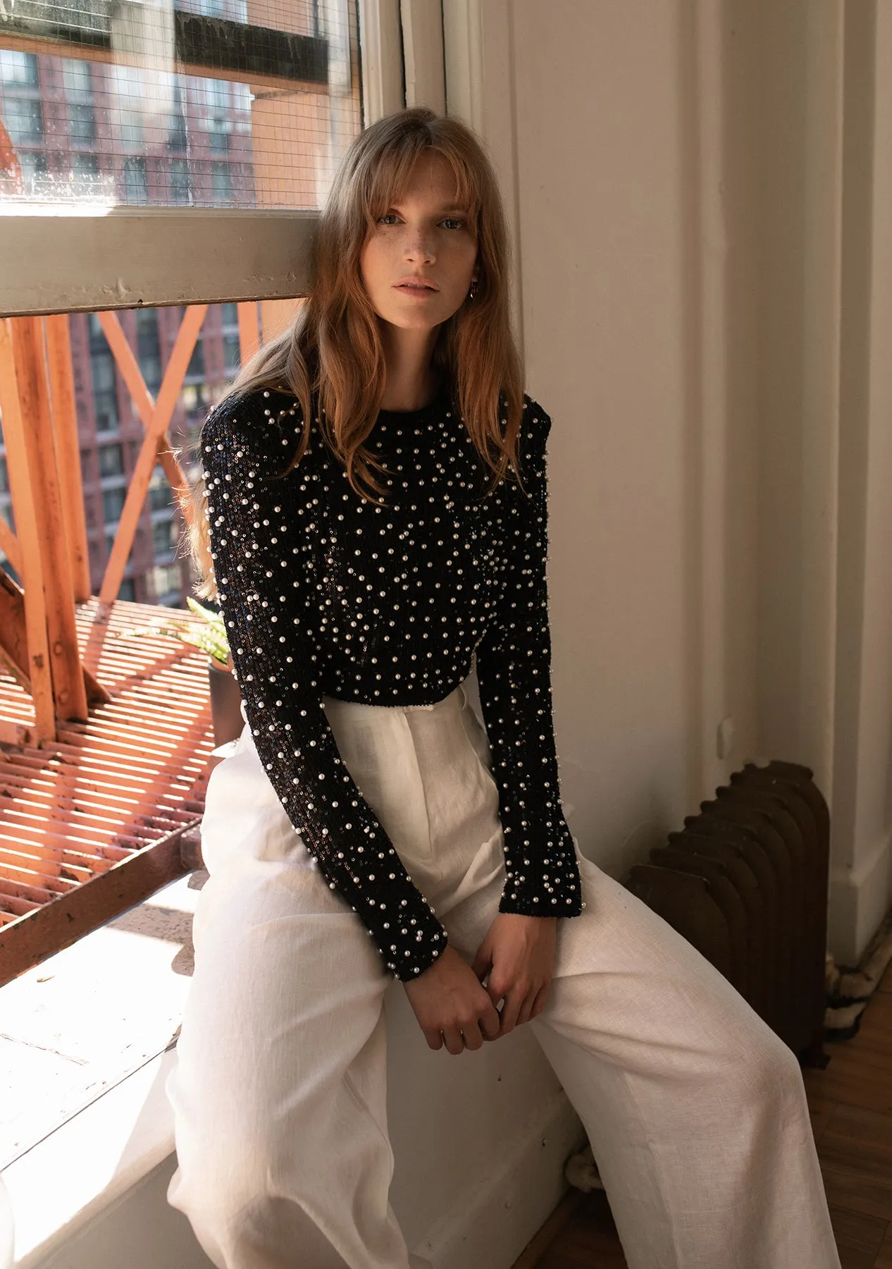 Pearl w Sequin Shoulder Pad Crop Top