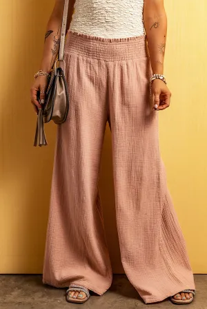 Pink Smocked High Waist Wide Leg Crinkle Pants