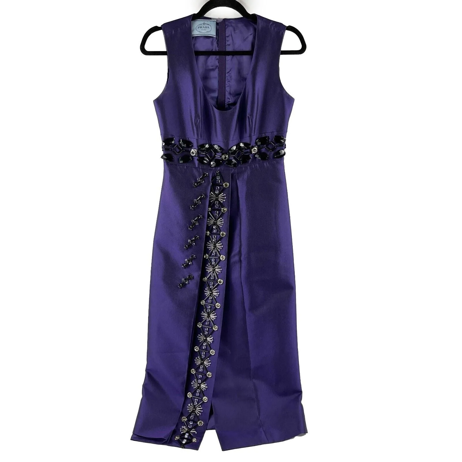 PRADA - Beaded Detail A-Line Purple Satin-like Sleeveless Midi Dress