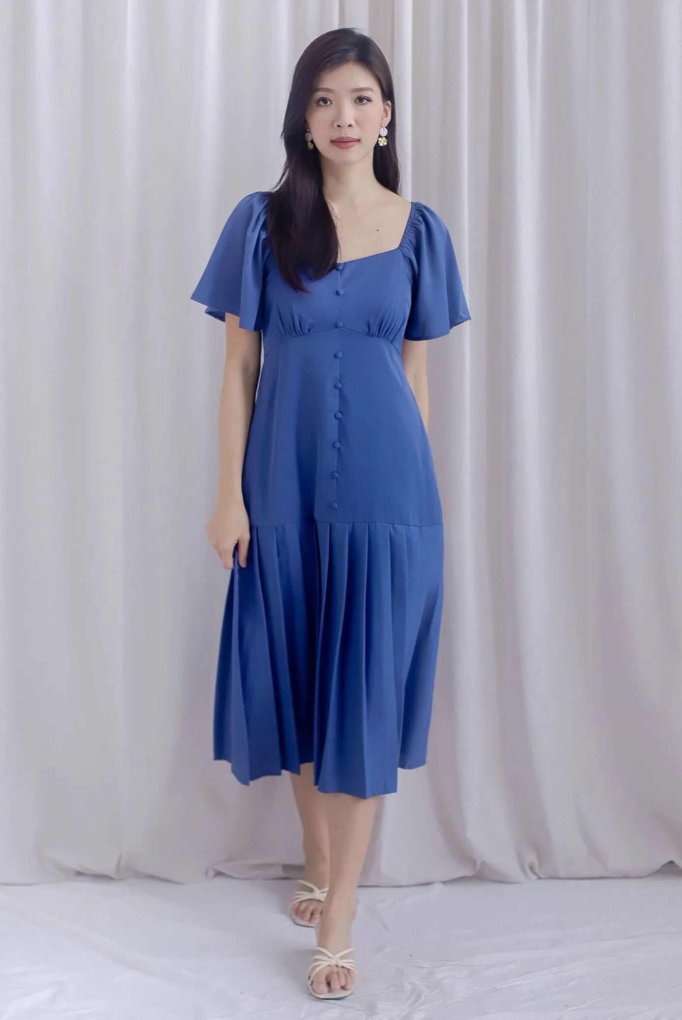 Rachelle Pleated Drop Waist Midi Dress In Steel Blue
