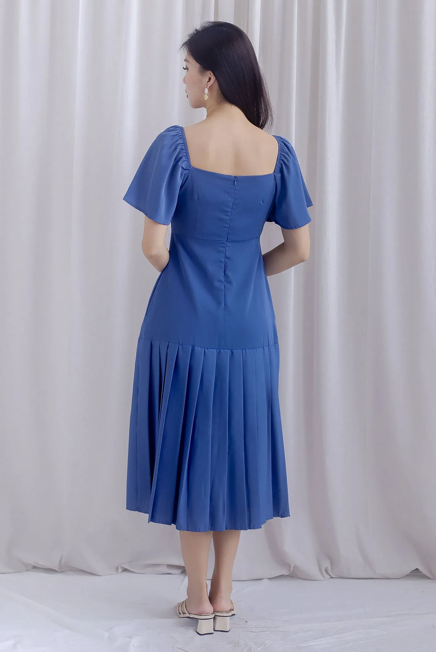 Rachelle Pleated Drop Waist Midi Dress In Steel Blue