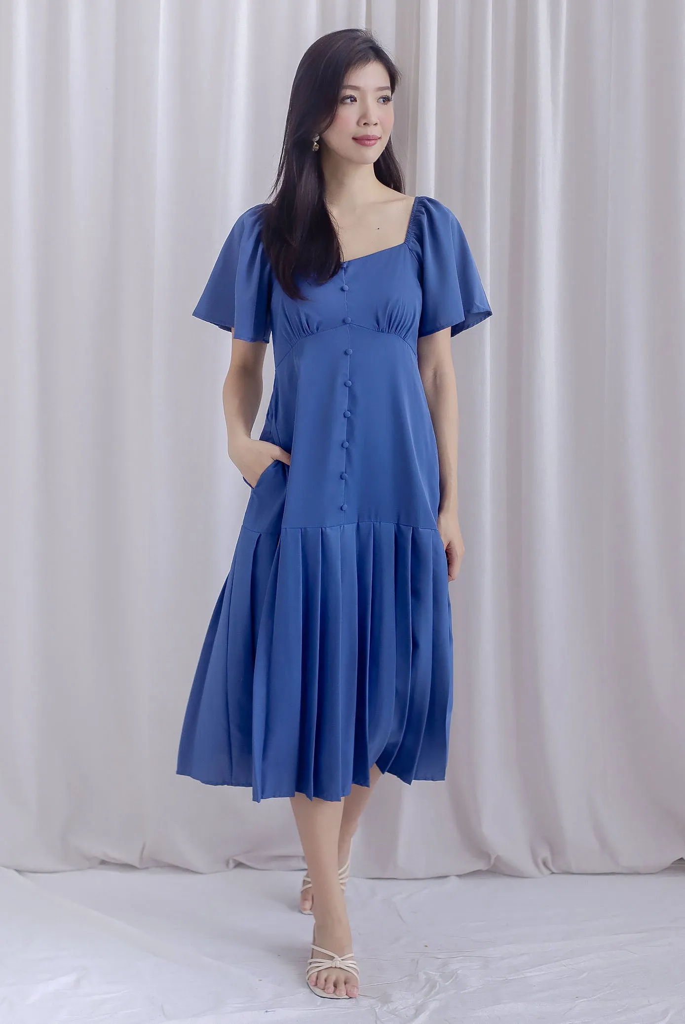 Rachelle Pleated Drop Waist Midi Dress In Steel Blue