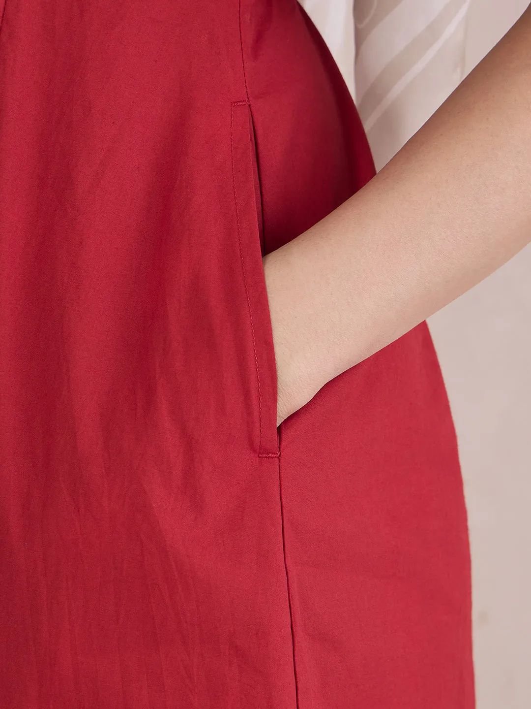 Red Poplin Sweetheart Neck Midi Dress