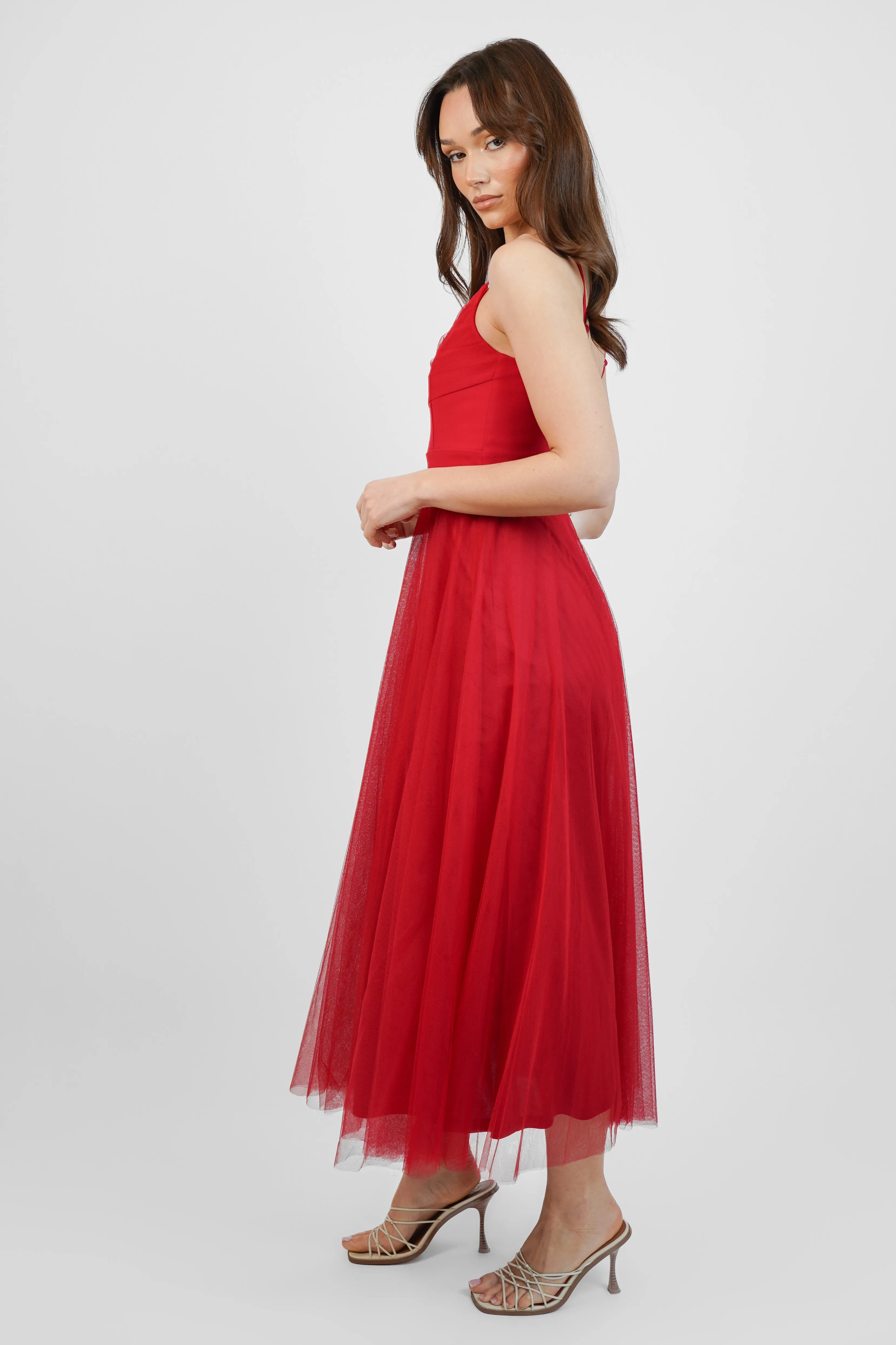 Red Tulle Midi Dress
