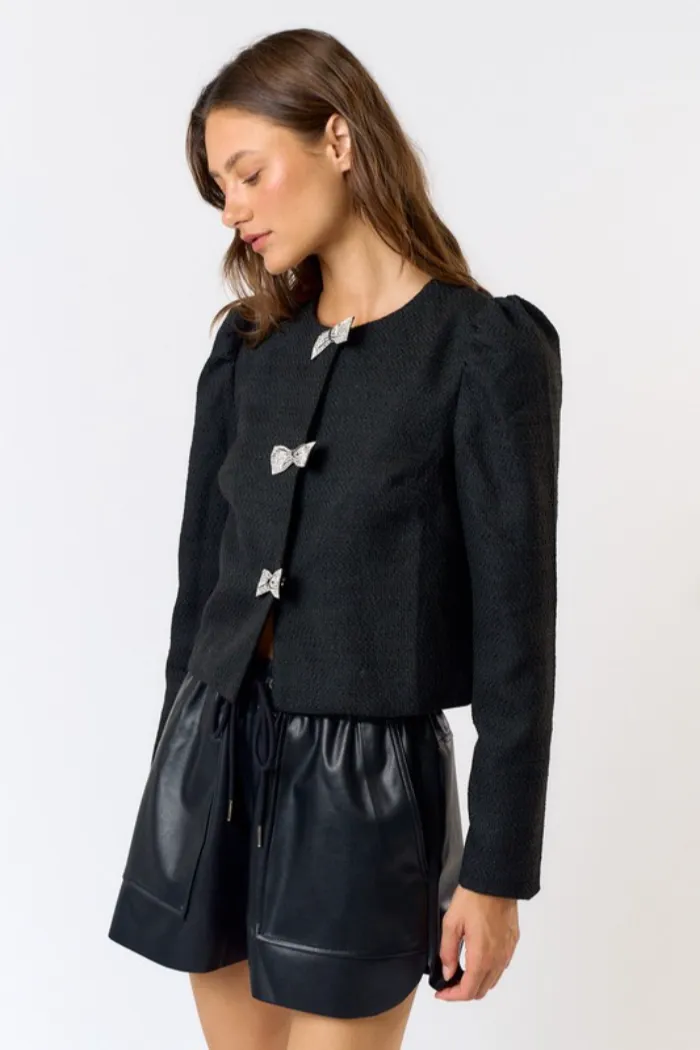 Rhinestone Bow Tweed Top