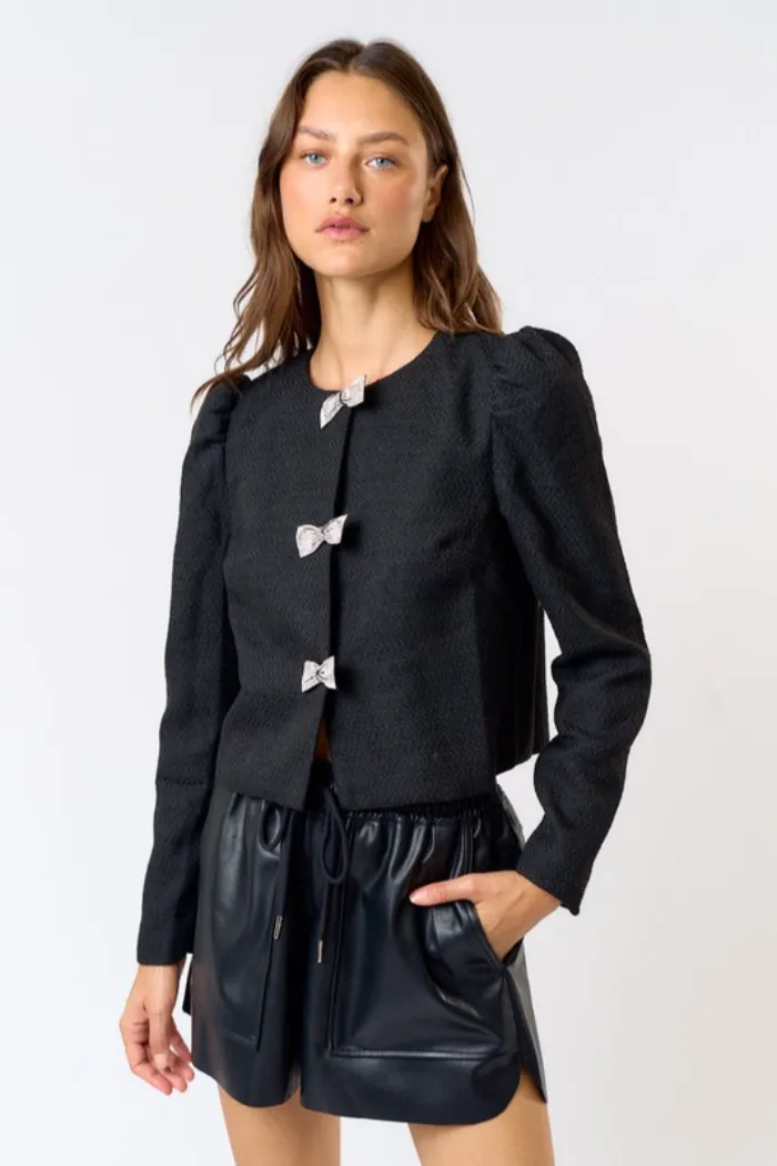 Rhinestone Bow Tweed Top