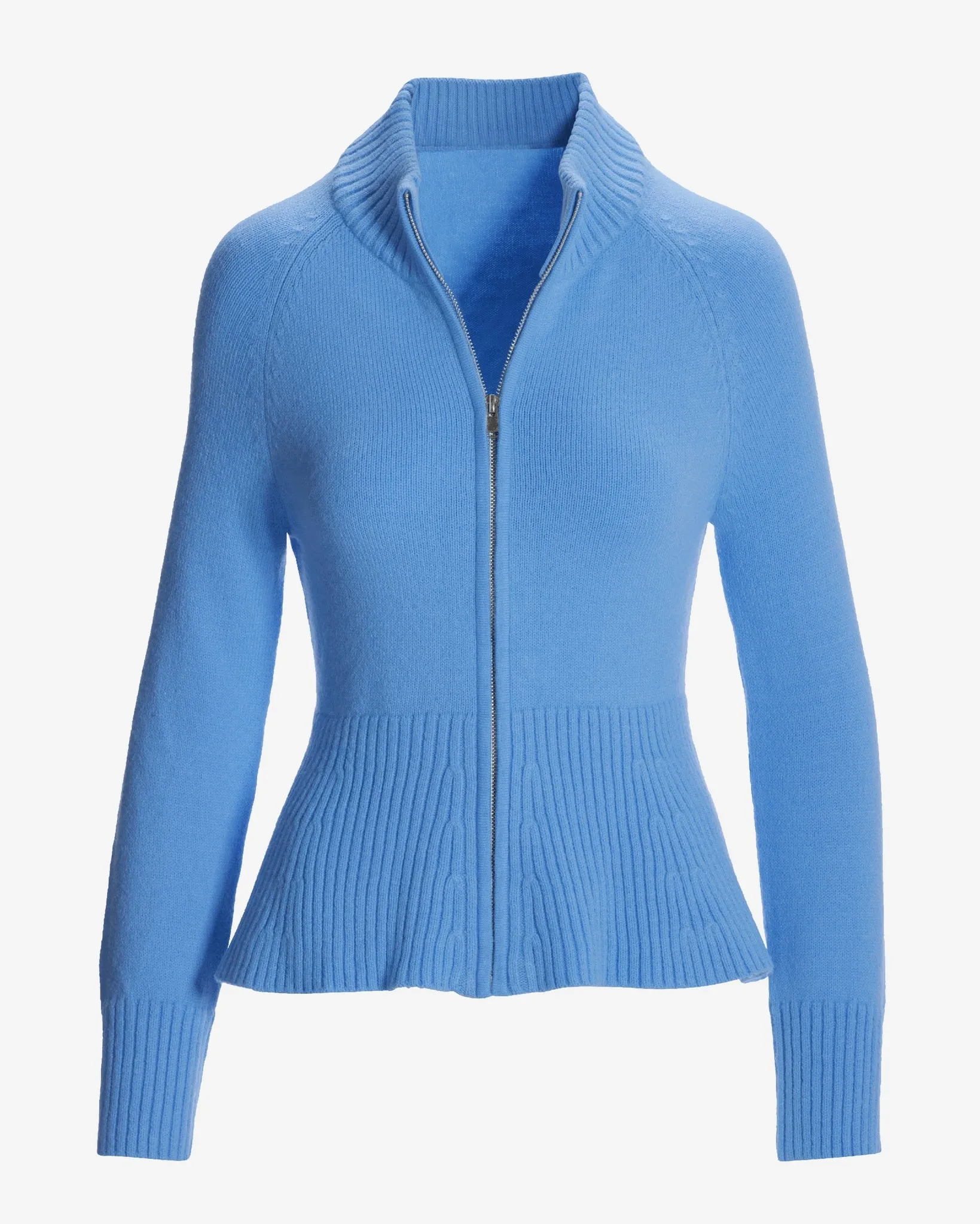 Rib Peplum Full Zip Cardigan Clear Blue Sky