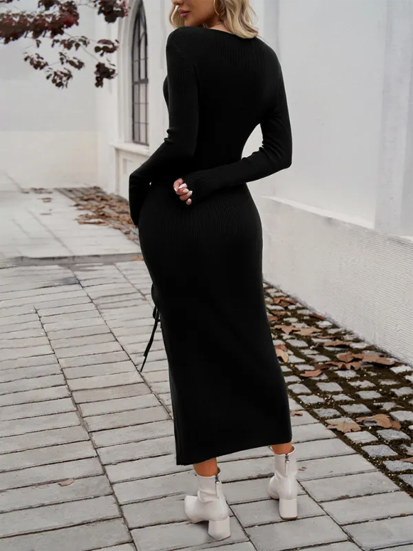 Ribbed Maxi Dress with Side Slit and Drawstring