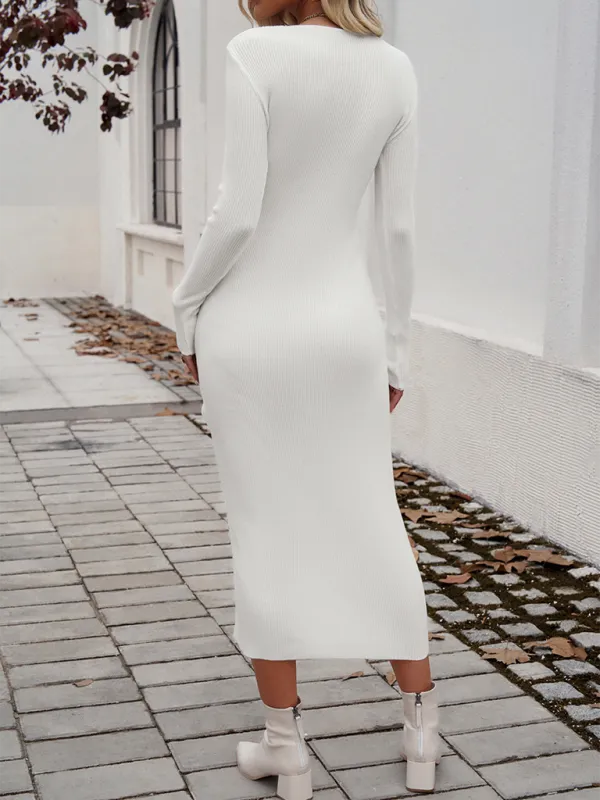 Ribbed Maxi Dress with Side Slit and Drawstring
