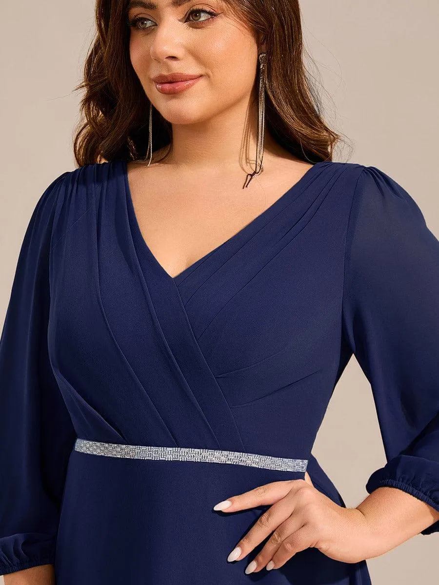 Robe d'invitée de mariage mi-longue plissée à manches longues en mousseline de soie