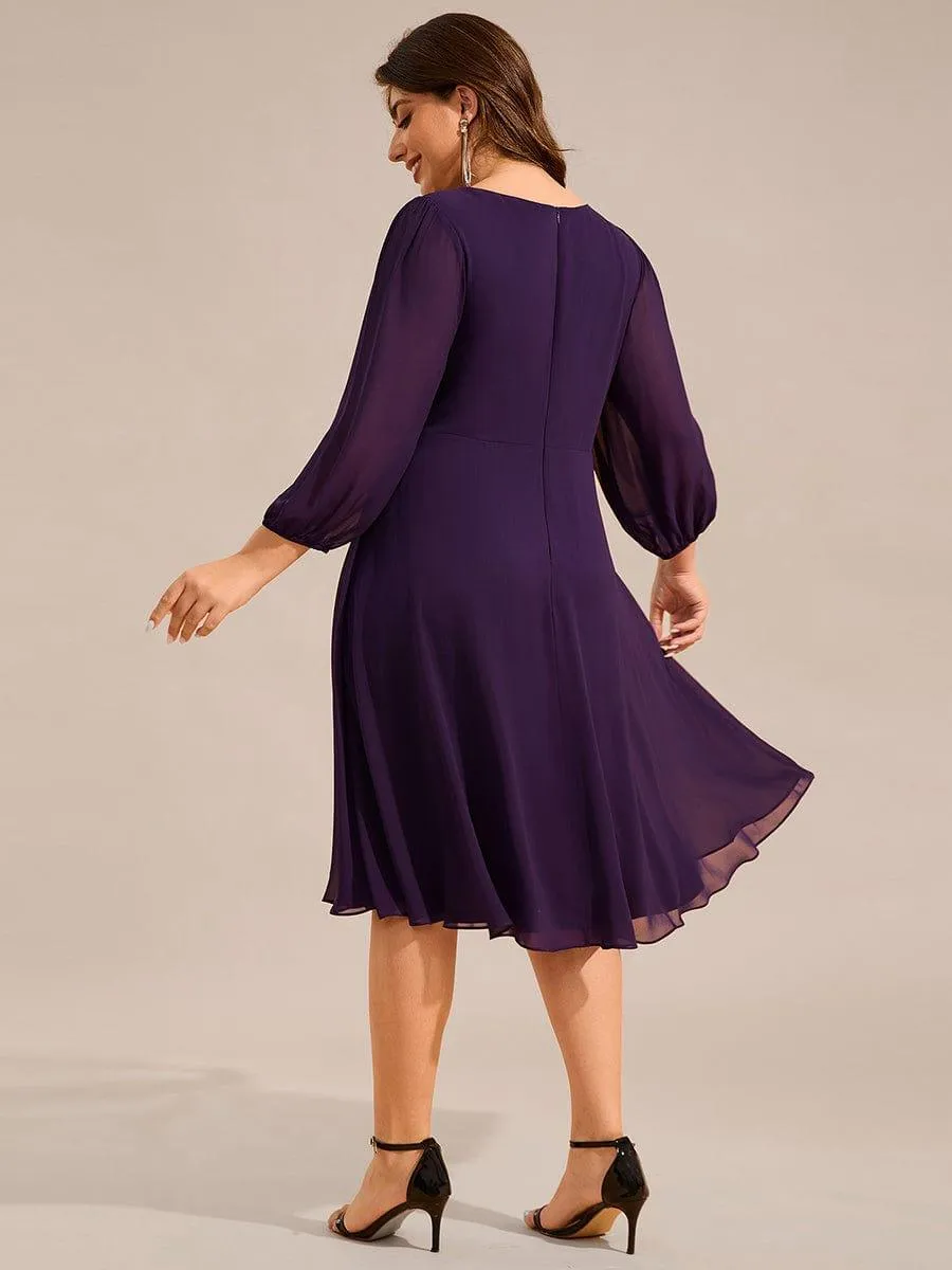 Robe d'invitée de mariage mi-longue plissée à manches longues en mousseline de soie