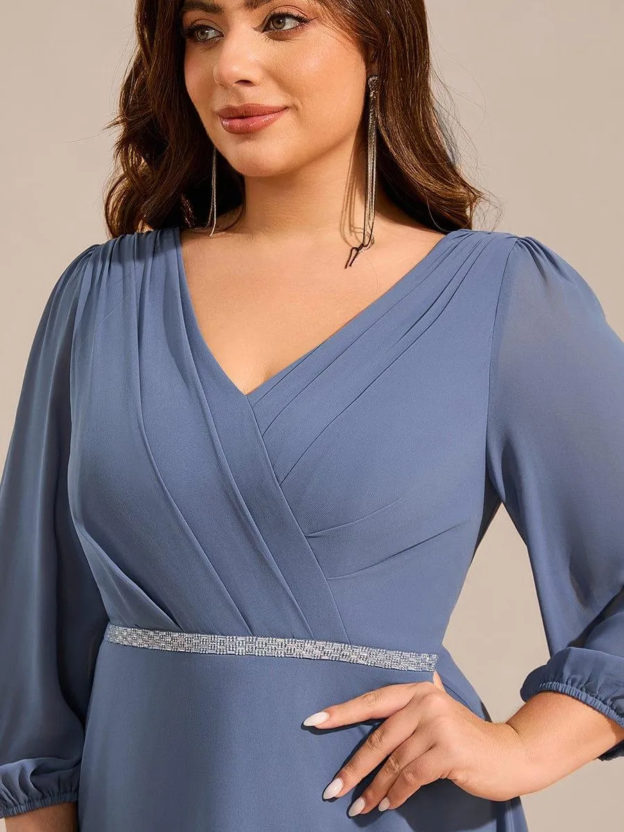Robe d'invitée de mariage mi-longue plissée à manches longues en mousseline de soie