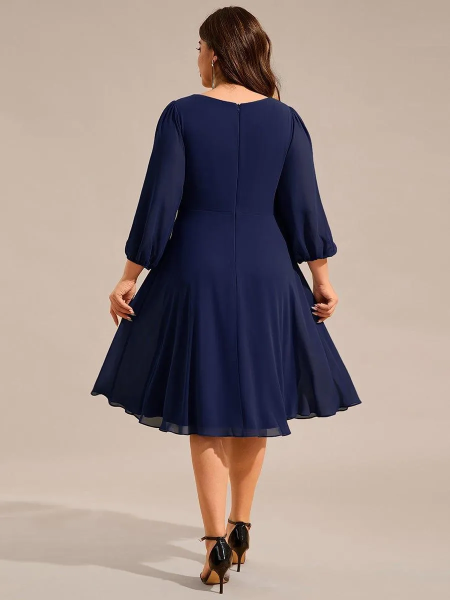 Robe d'invitée de mariage mi-longue plissée à manches longues en mousseline de soie