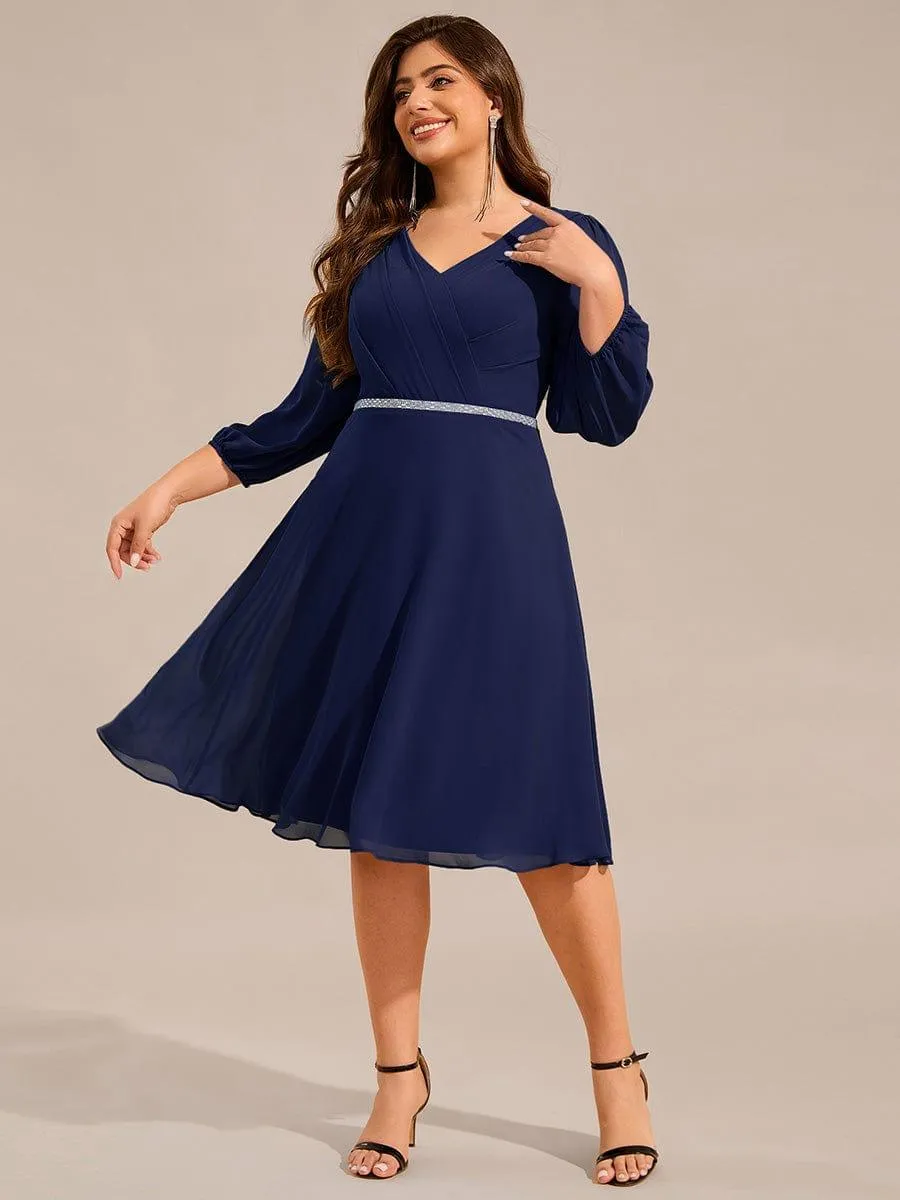 Robe d'invitée de mariage mi-longue plissée à manches longues en mousseline de soie