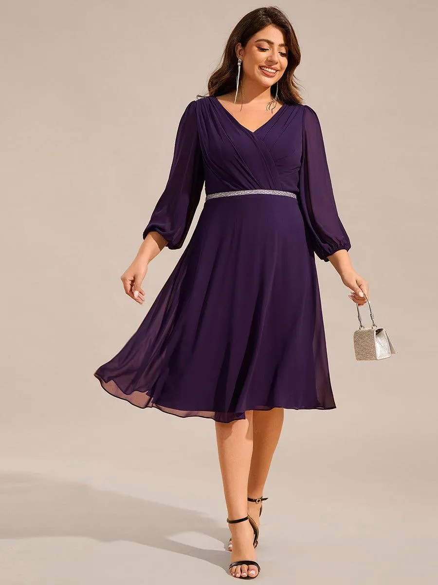 Robe d'invitée de mariage mi-longue plissée à manches longues en mousseline de soie