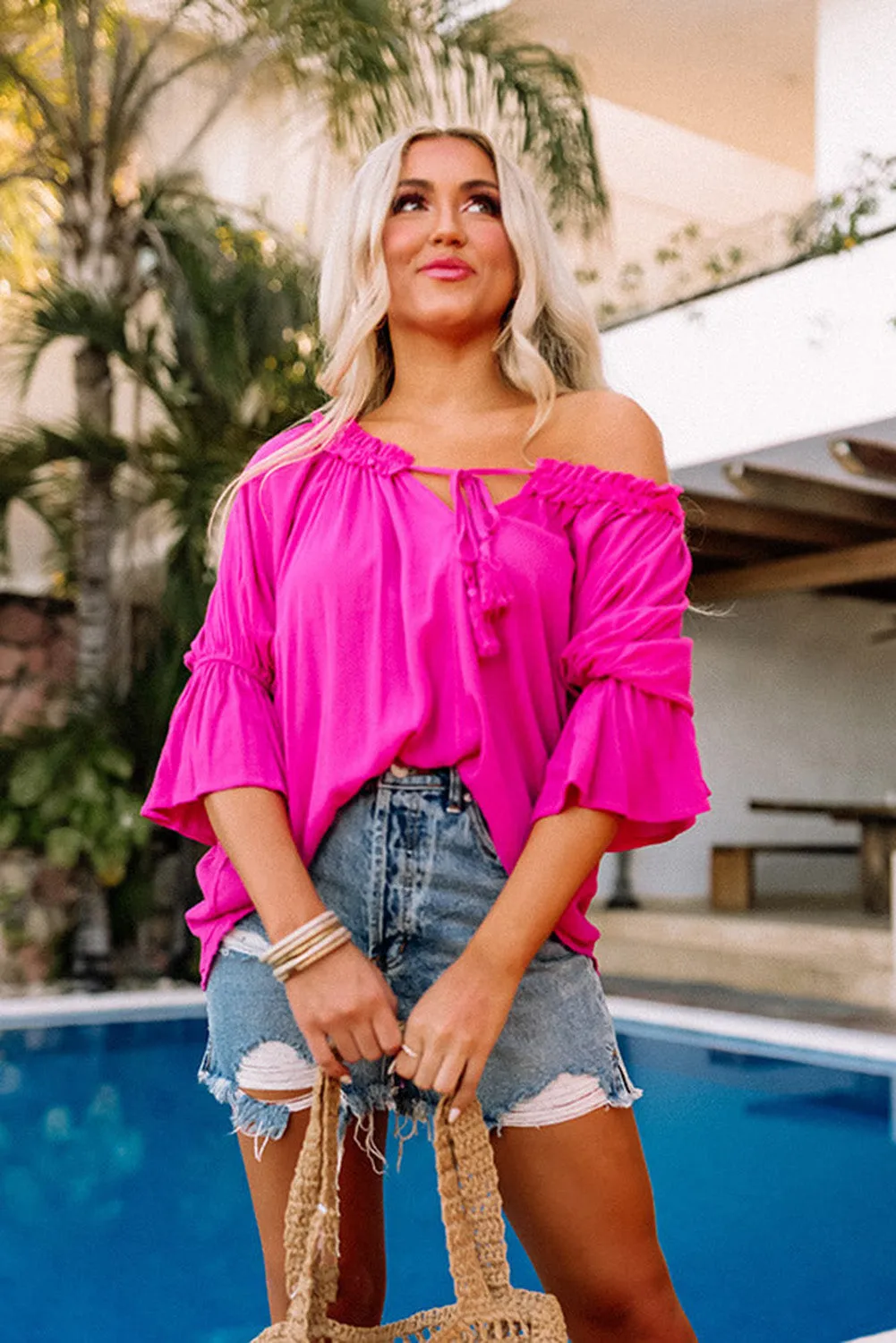 Rose Frilled Split V Neck Ruffled Sleeve Shift Top