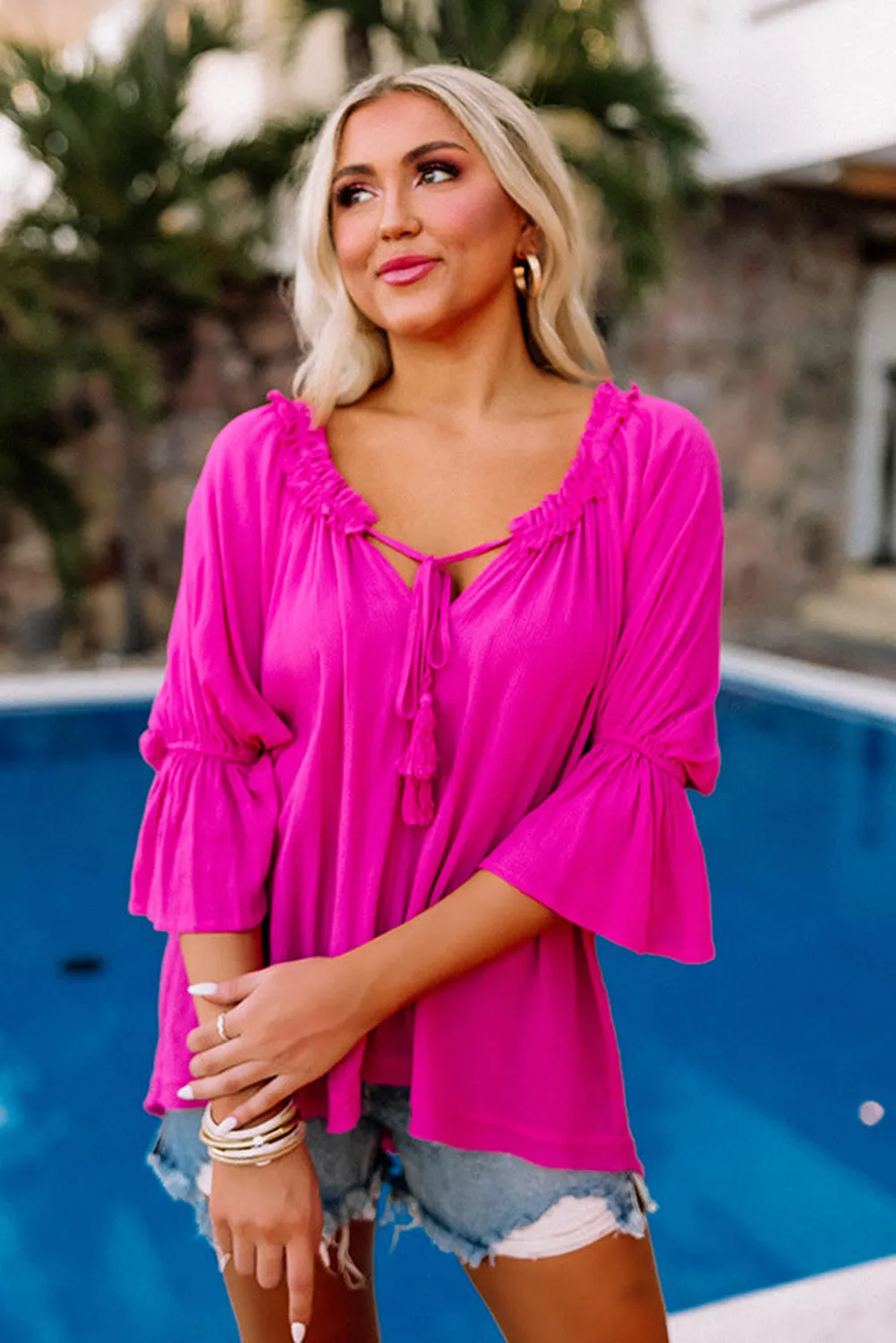 Rose Frilled Split V Neck Ruffled Sleeve Shift Top