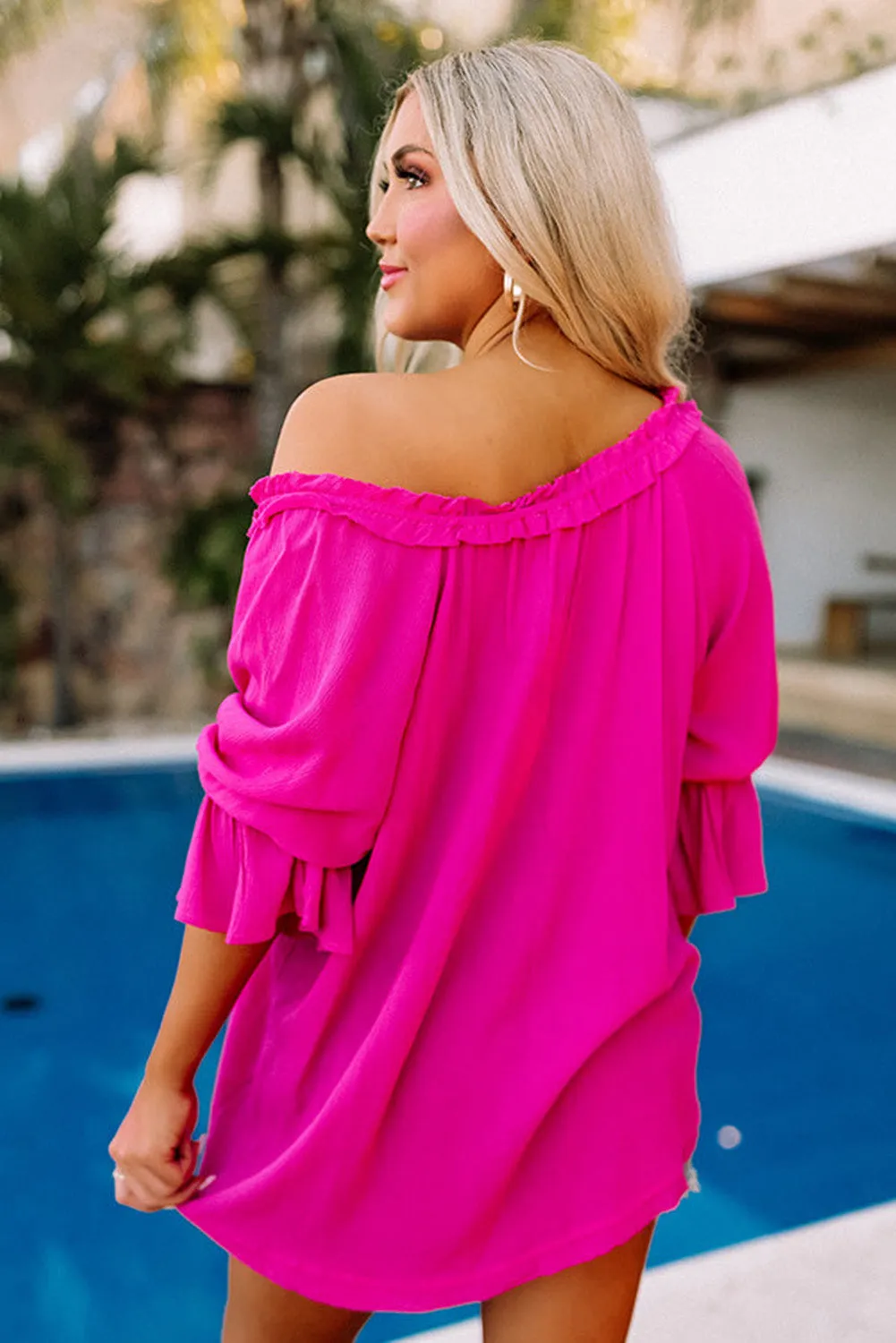 Rose Frilled Split V Neck Ruffled Sleeve Shift Top