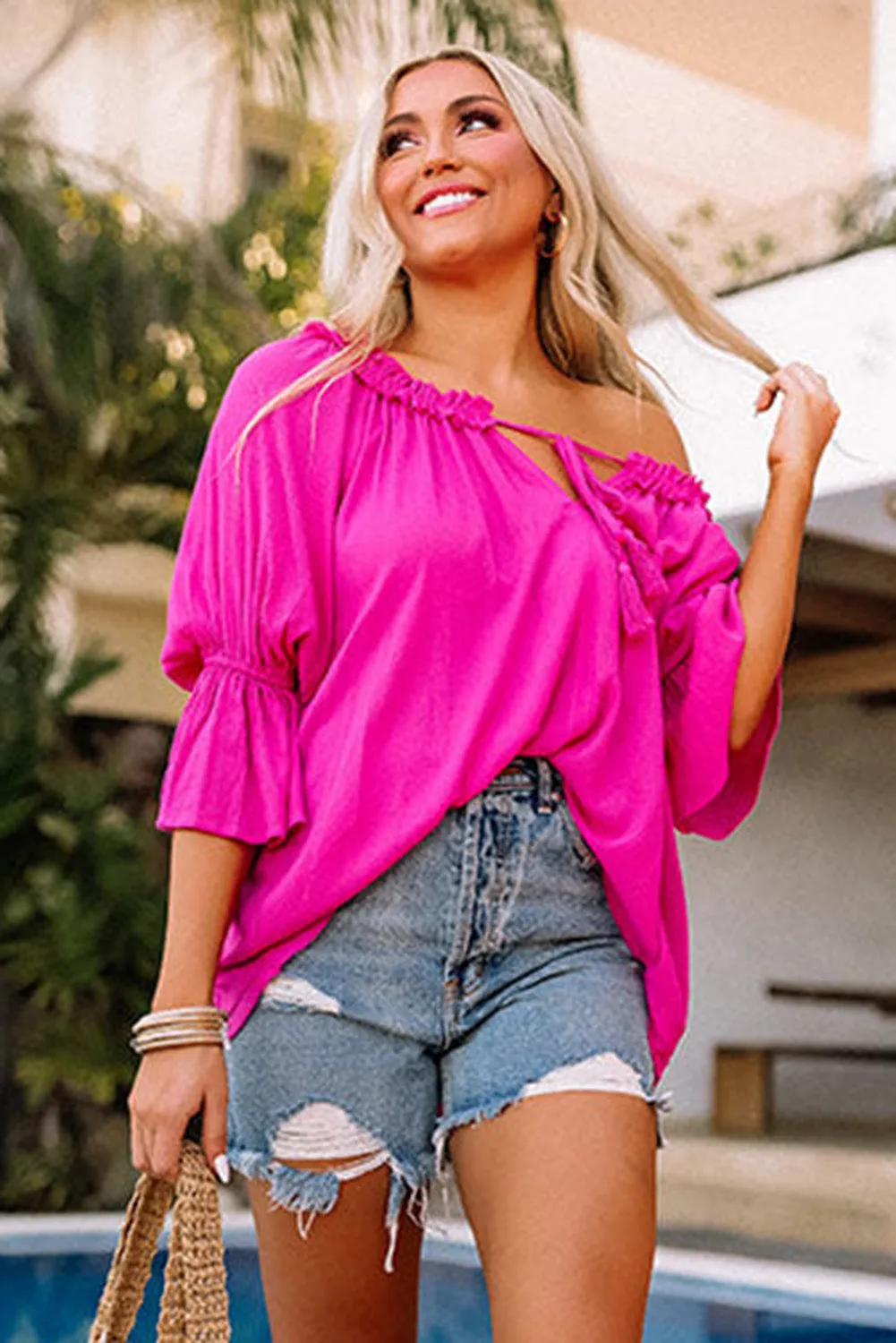 Rose Frilled Split V Neck Ruffled Sleeve Shift Top