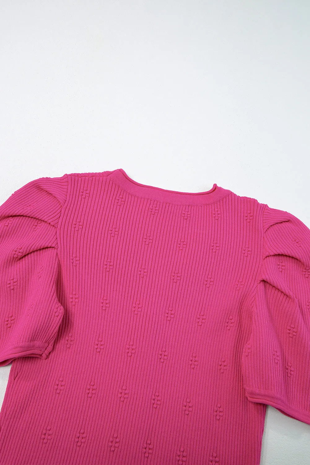 Rose Red Flower Ribbed Texture Button V Neck Bubble Sleeve Top