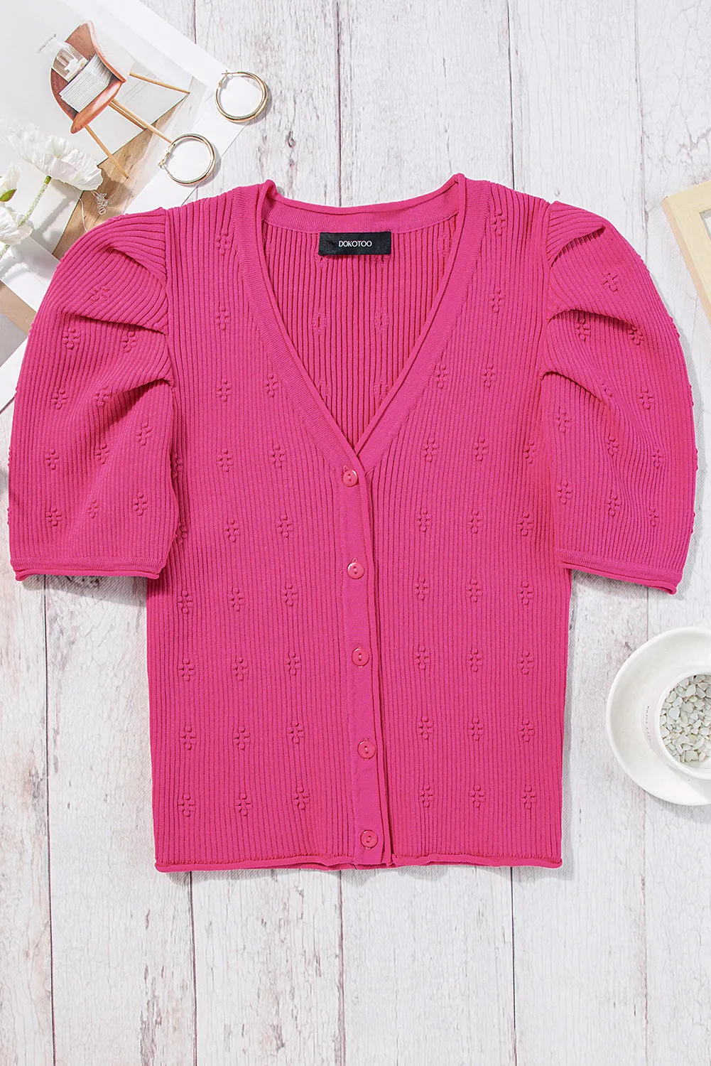 Rose Red Flower Ribbed Texture Button V Neck Bubble Sleeve Top