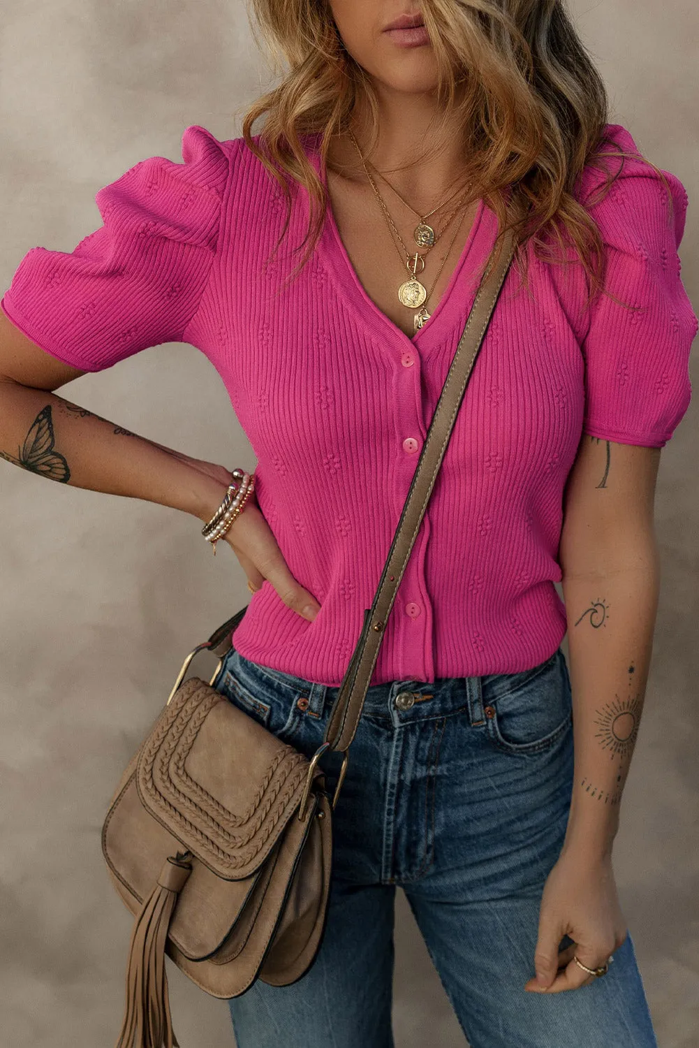 Rose Red Flower Ribbed Texture Button V Neck Bubble Sleeve Top