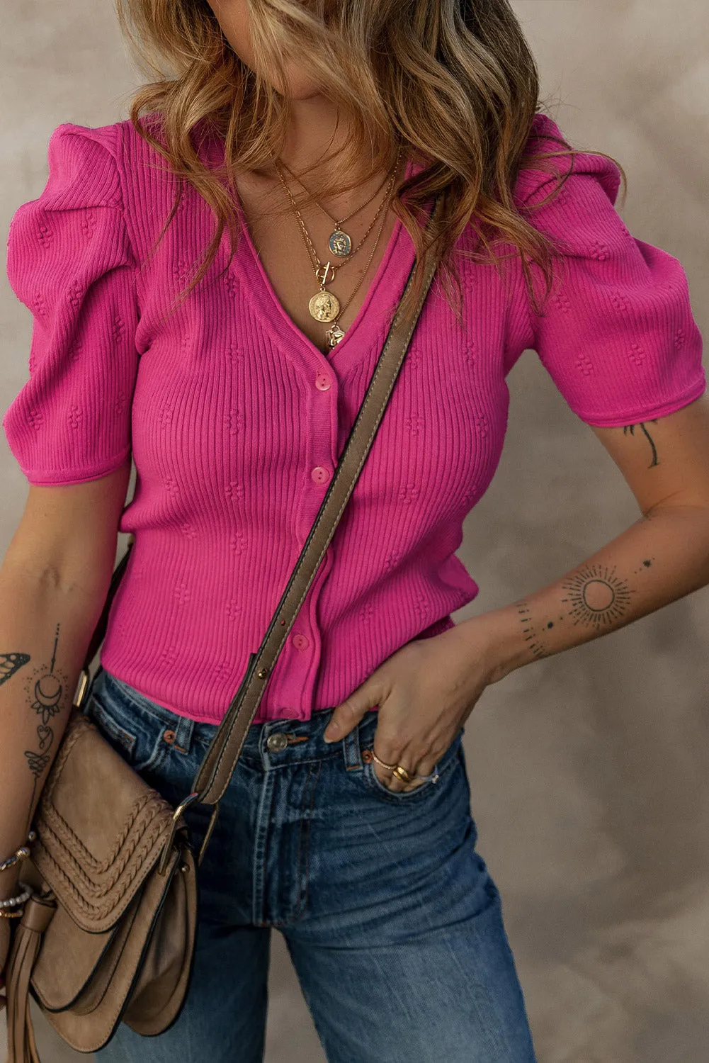 Rose Red Flower Ribbed Texture Button V Neck Bubble Sleeve Top