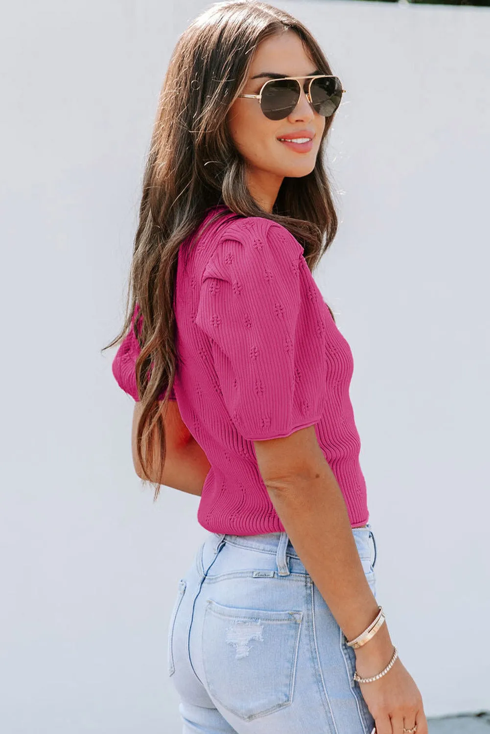 Rose Red Flower Ribbed Texture Button V Neck Bubble Sleeve Top
