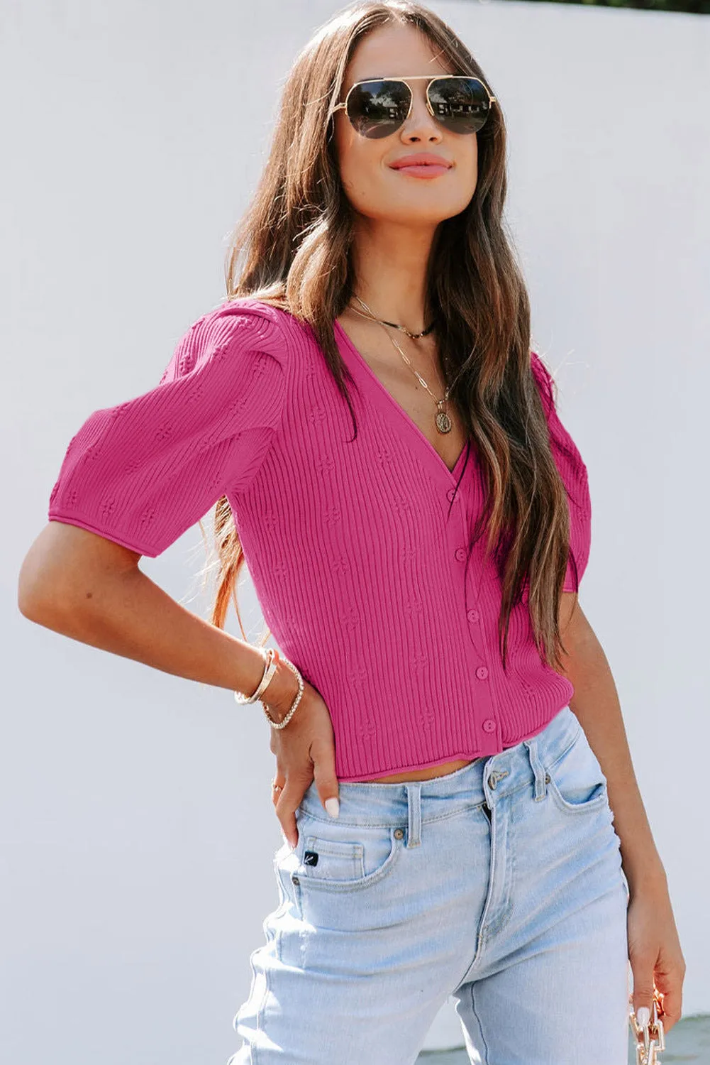 Rose Red Flower Ribbed Texture Button V Neck Bubble Sleeve Top