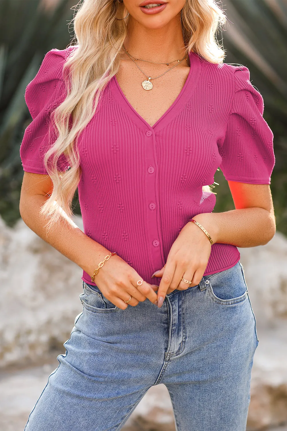 Rose Red Flower Ribbed Texture Button V Neck Bubble Sleeve Top