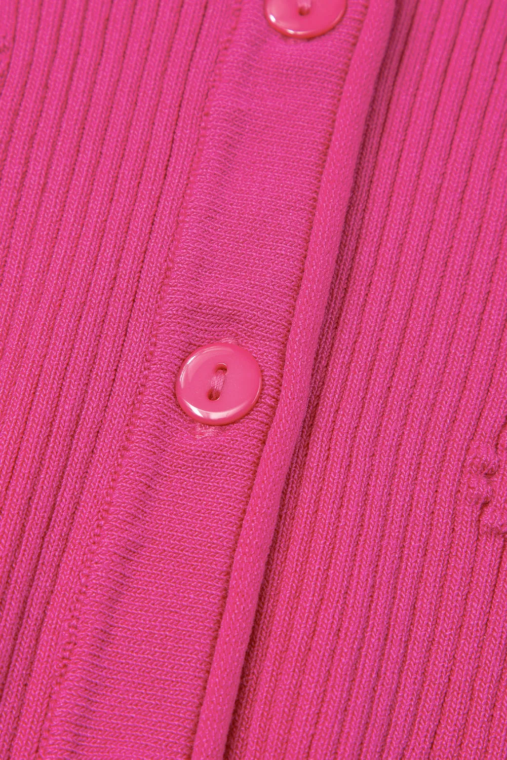 Rose Red Flower Ribbed Texture Button V Neck Bubble Sleeve Top