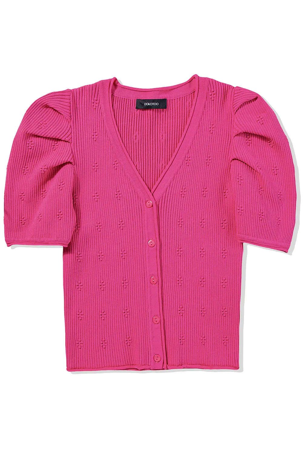 Rose Red Flower Ribbed Texture Button V Neck Bubble Sleeve Top