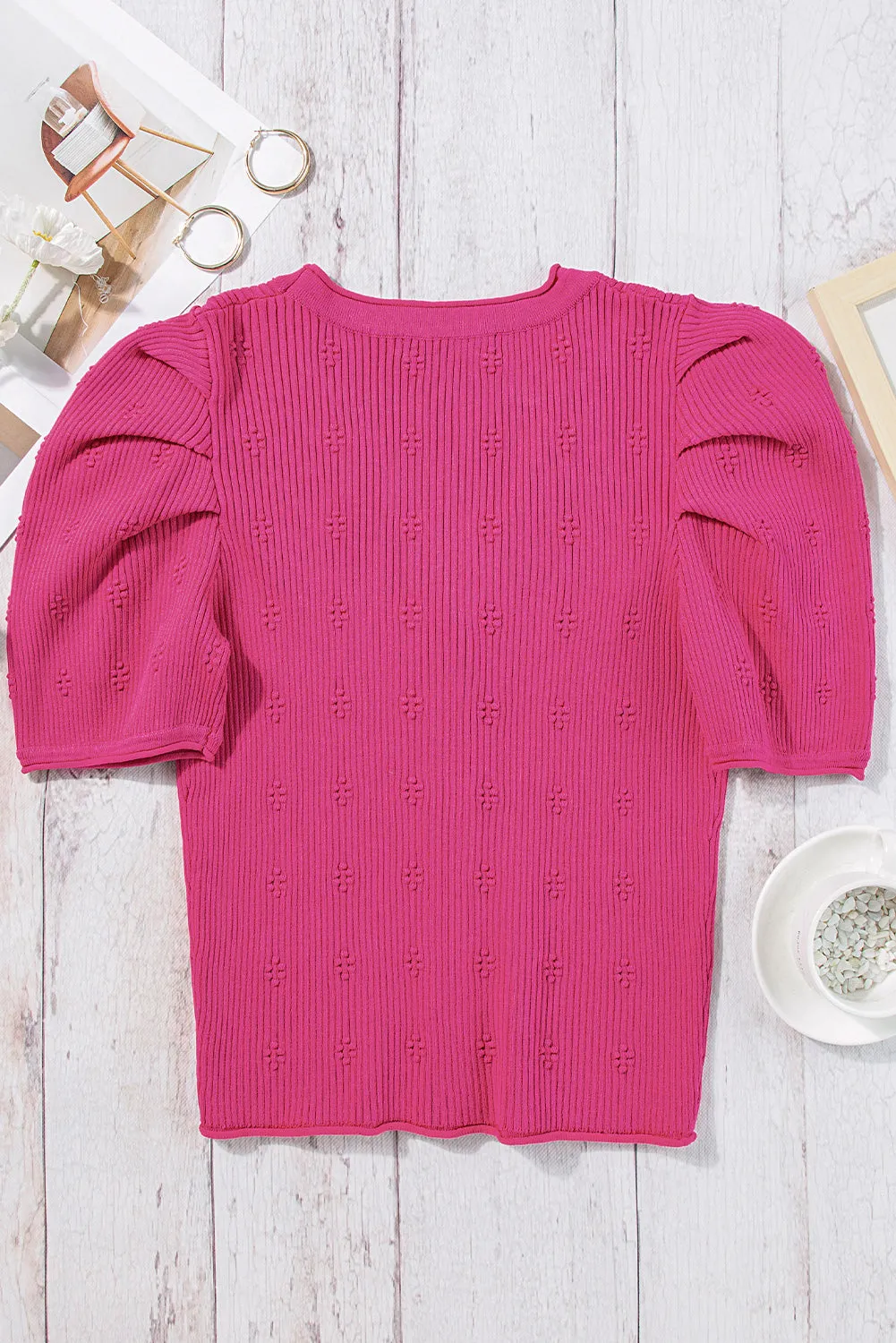 Rose Red Flower Ribbed Texture Button V Neck Bubble Sleeve Top