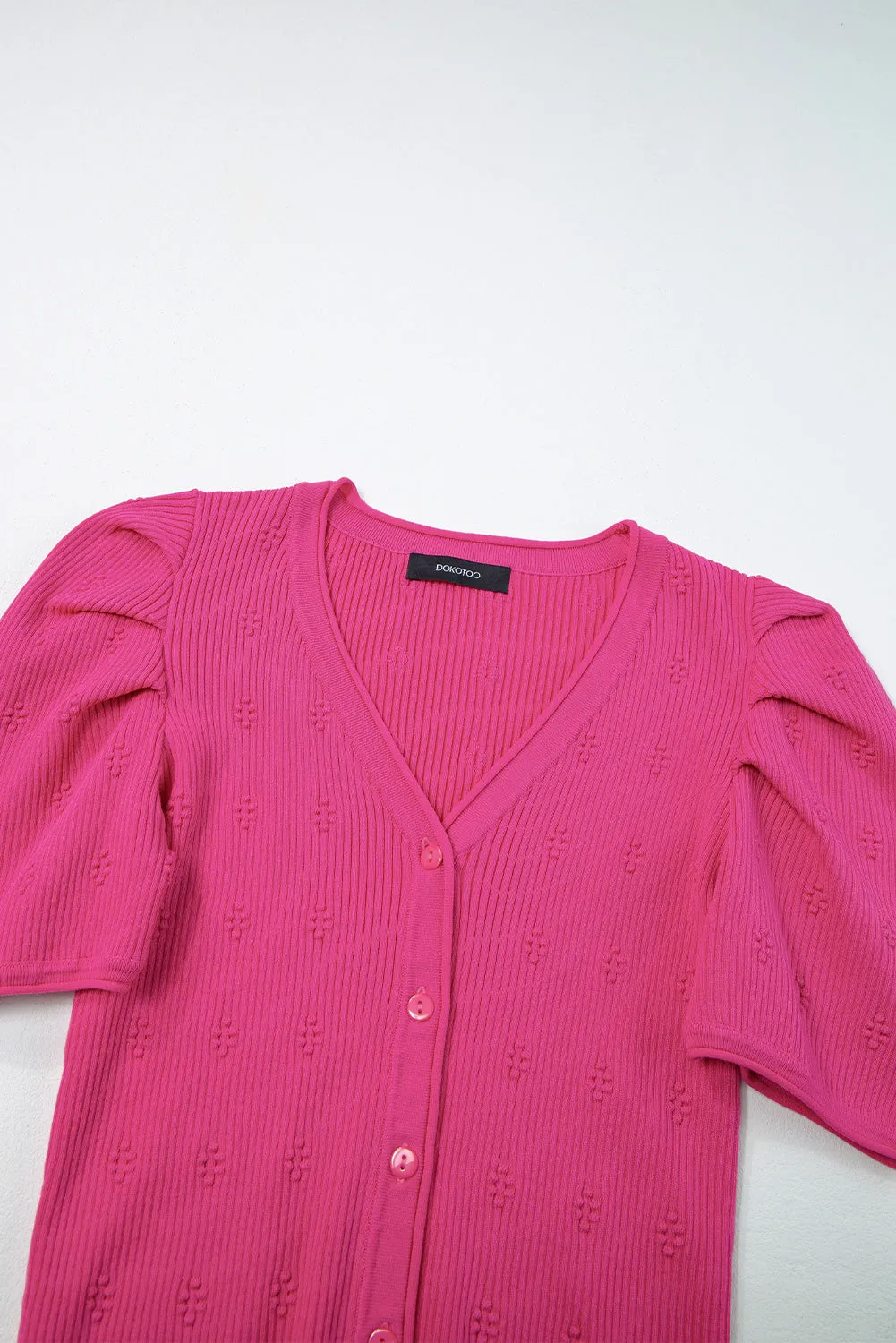 Rose Red Flower Ribbed Texture Button V Neck Bubble Sleeve Top