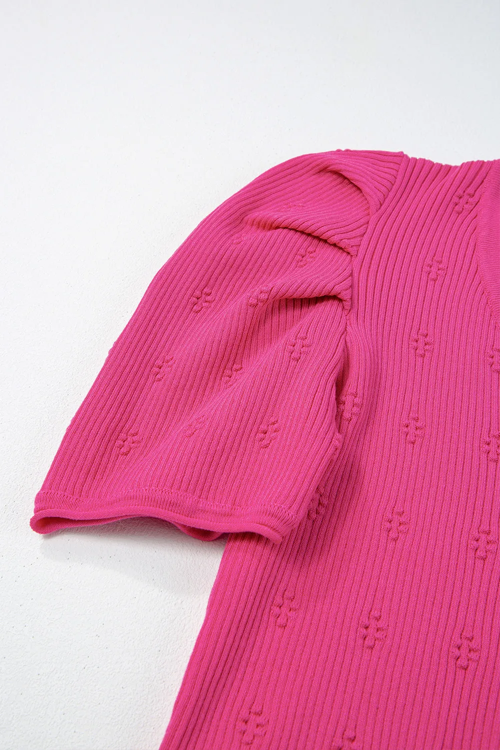Rose Red Flower Ribbed Texture Button V Neck Bubble Sleeve Top
