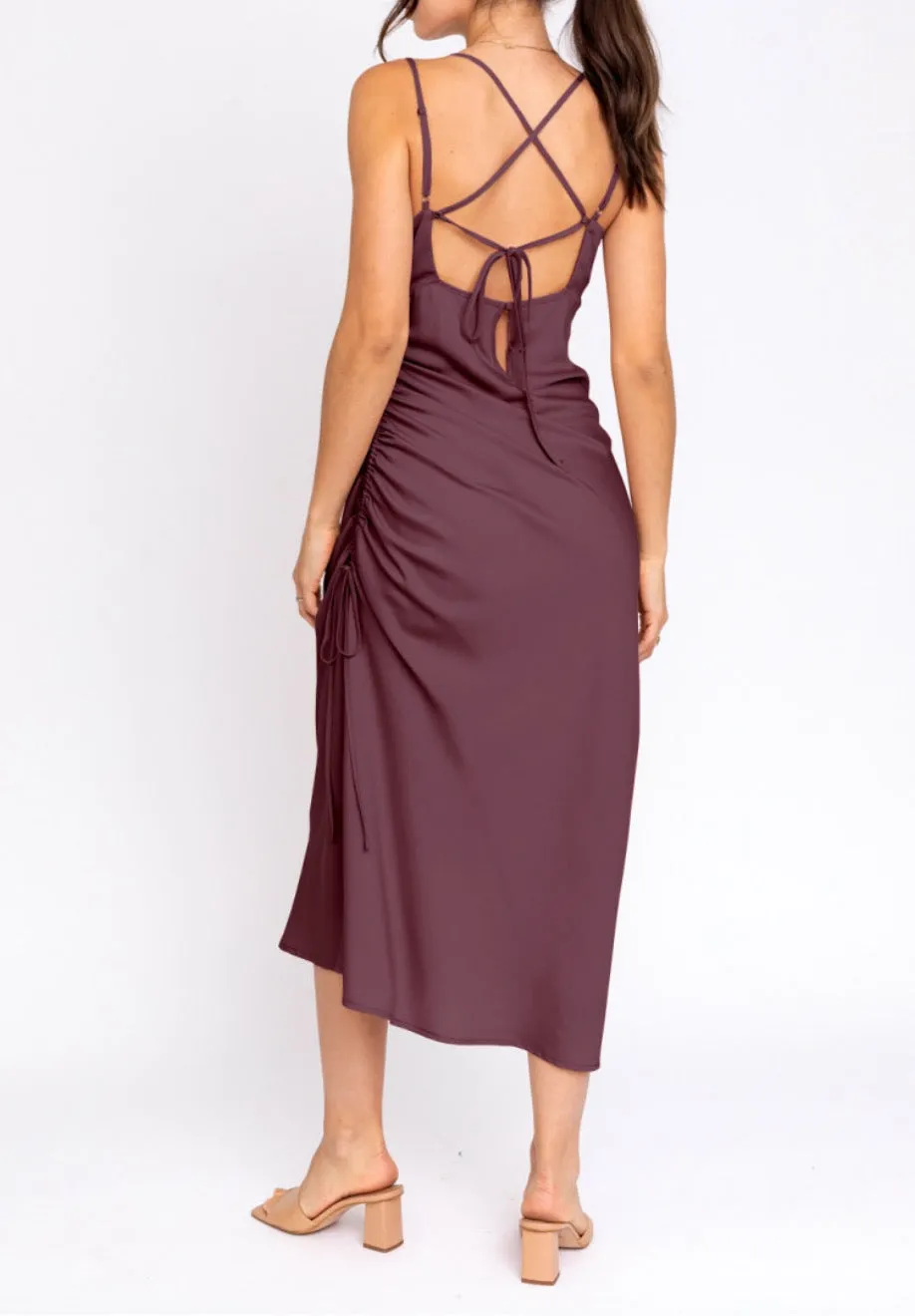 Satin Peasant Side Ruch Midi Dress
