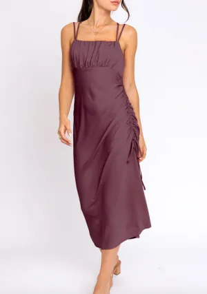 Satin Peasant Side Ruch Midi Dress