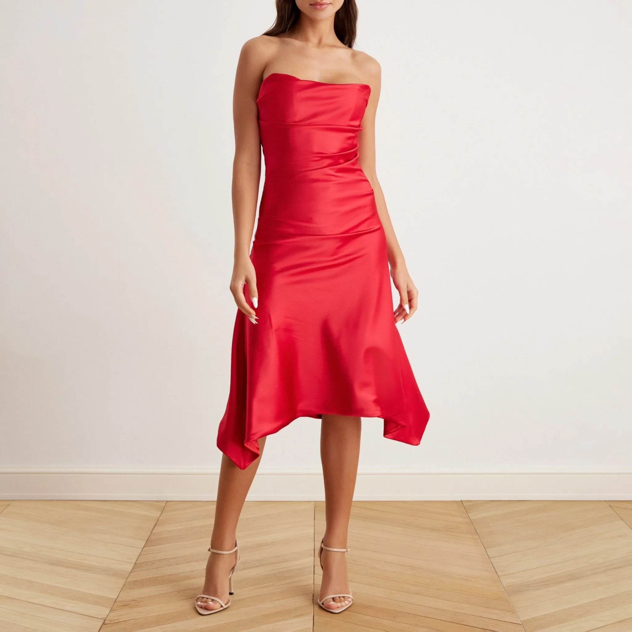 Satin Strapless Midi Dress